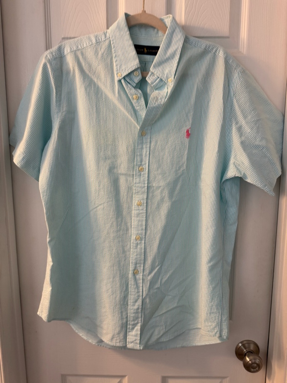 Ralph Lauren Green Striped Seasucker Short Sleeve Button Down Shirt Size L